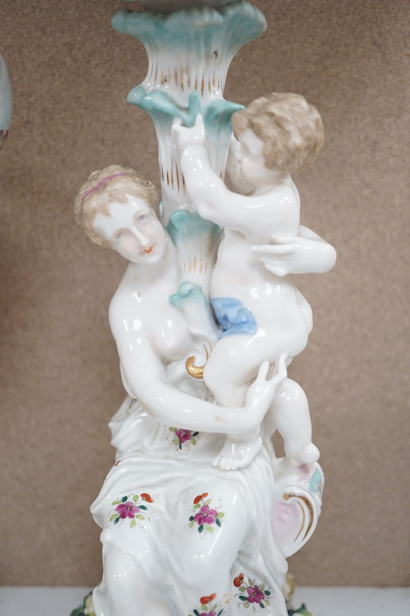 A tall German porcelain figural centrepiece bowl and two others smaller. Tallest 47cm